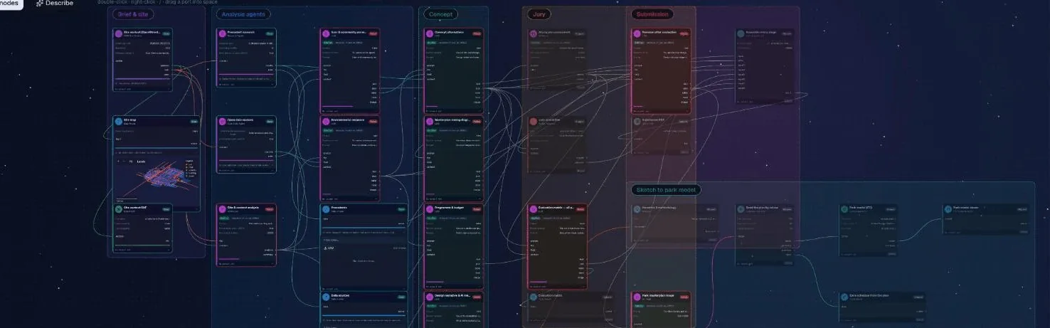 A readable BIMBrain workflow canvas connecting engineering and generative nodes