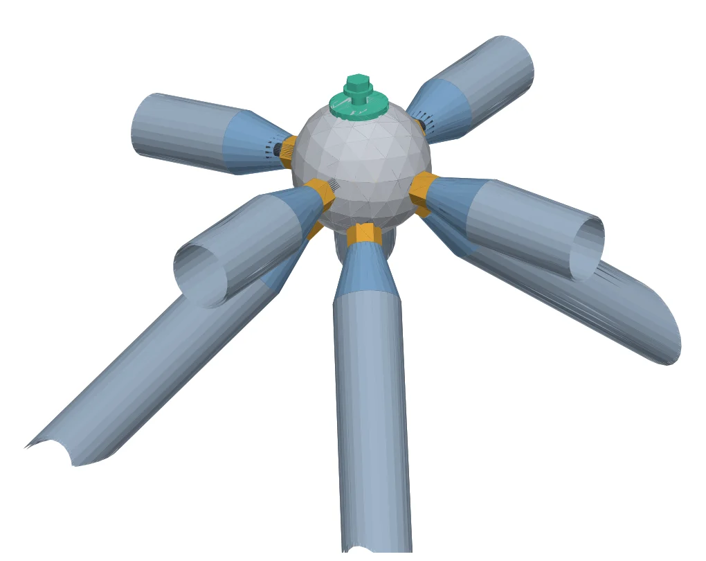 Bolted-ball node N040 with its eight bar ends: welded cones, hex compression sleeves, M24 captured bolts and the glazing ball seat