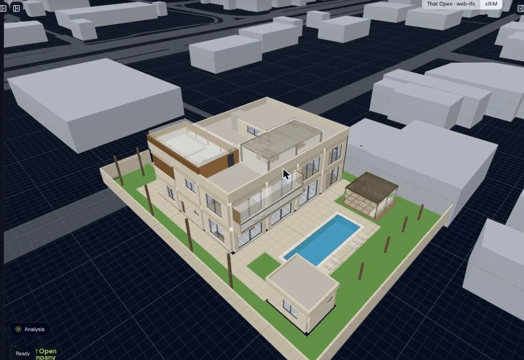 The villa placed on its plot among the neighbouring buildings from OpenStreetMap, with the pool, garden and fence