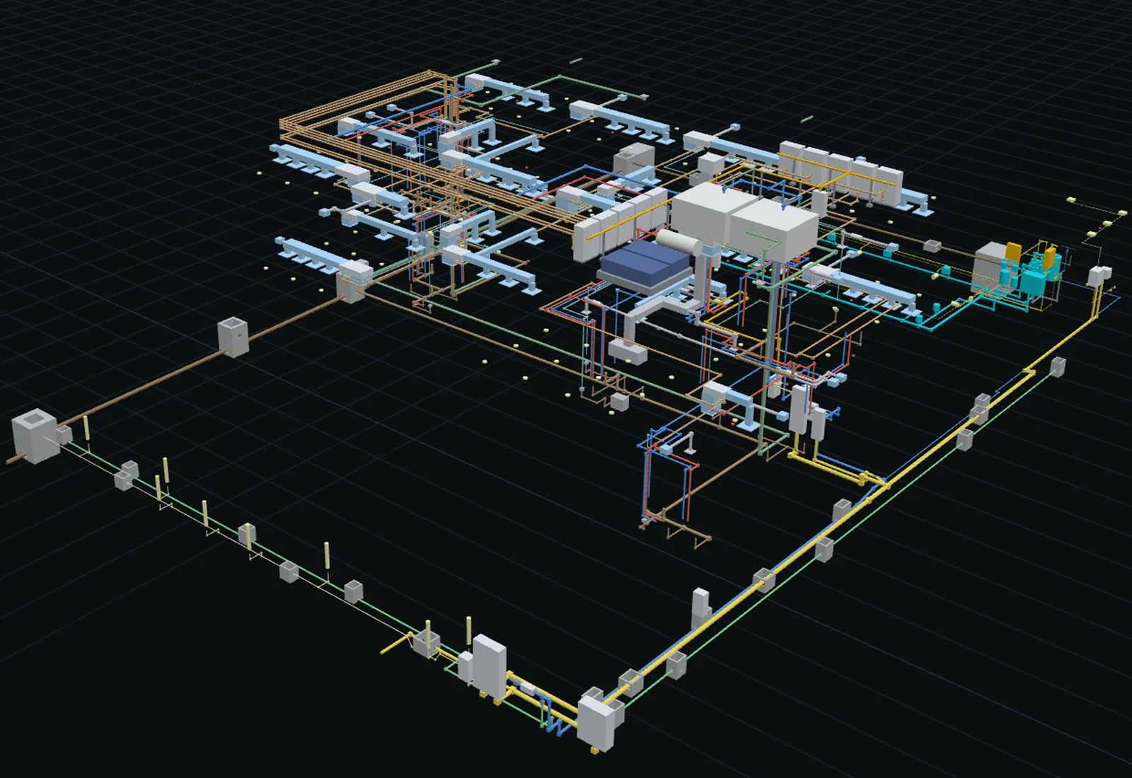 The villa's MEP model on its own: ducts, pipes, cable trays, equipment and site services, coloured by system